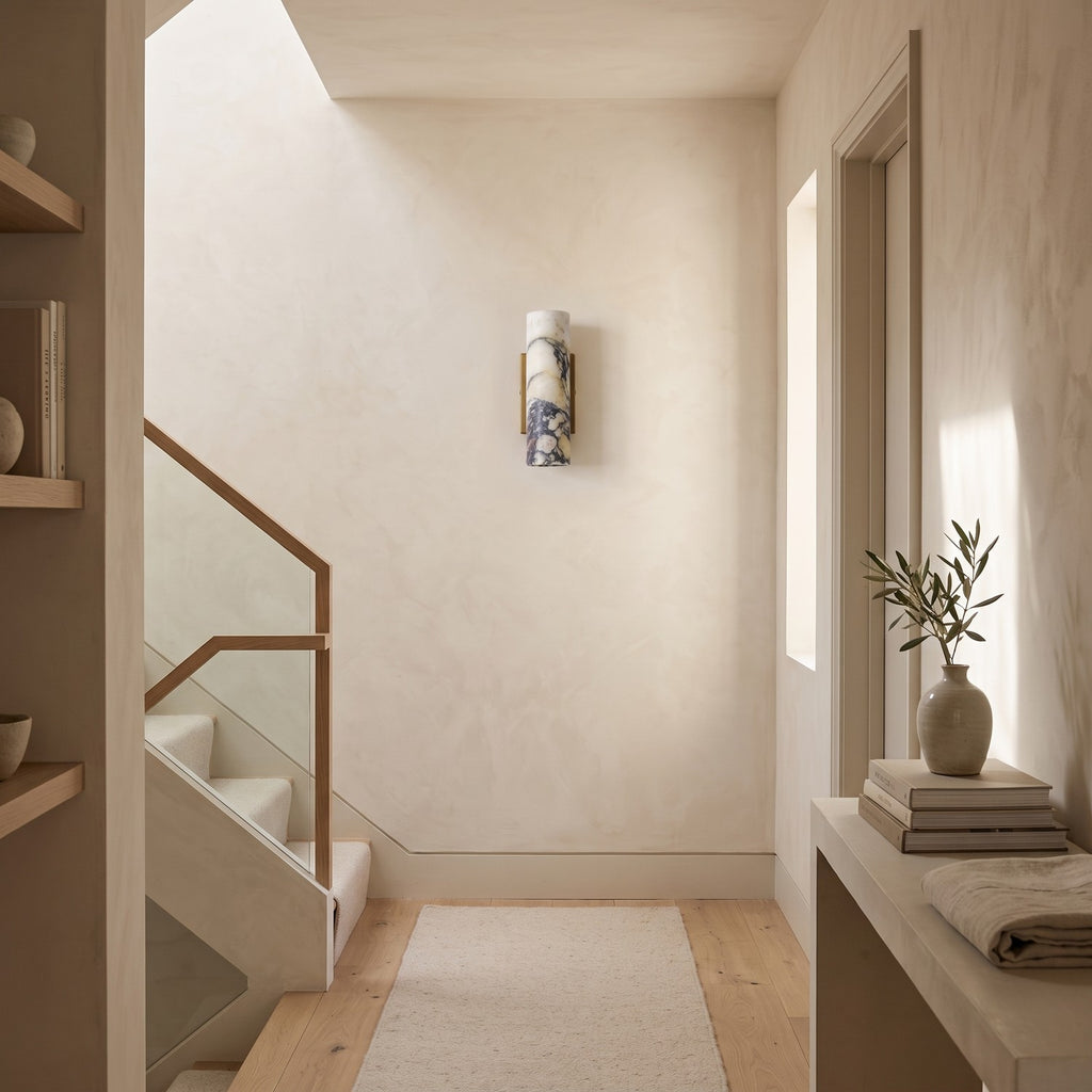 Marble Cylinder Wall Light – H 24cm in a staircase landing with limewashed walls