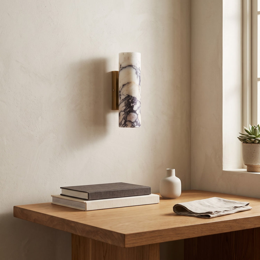 Marble Cylinder Wall Light – H 24cm in a calm home office above a solid oak desk