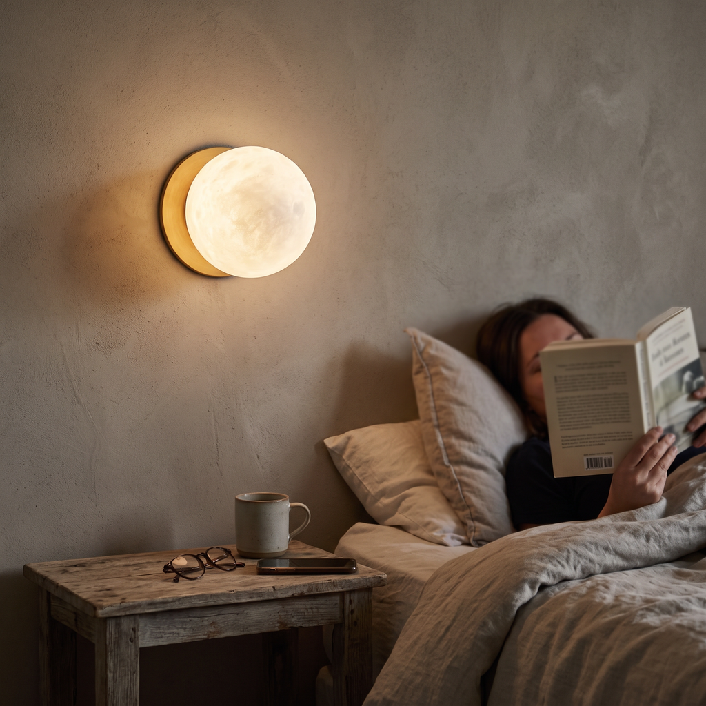 Mini Alabaster Wall Light in bedroom above bedside table - Kristy