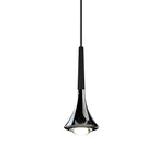 Modern chrome teardrop pendant light with a matte black top and integrated 9W LED, hanging against a white background.