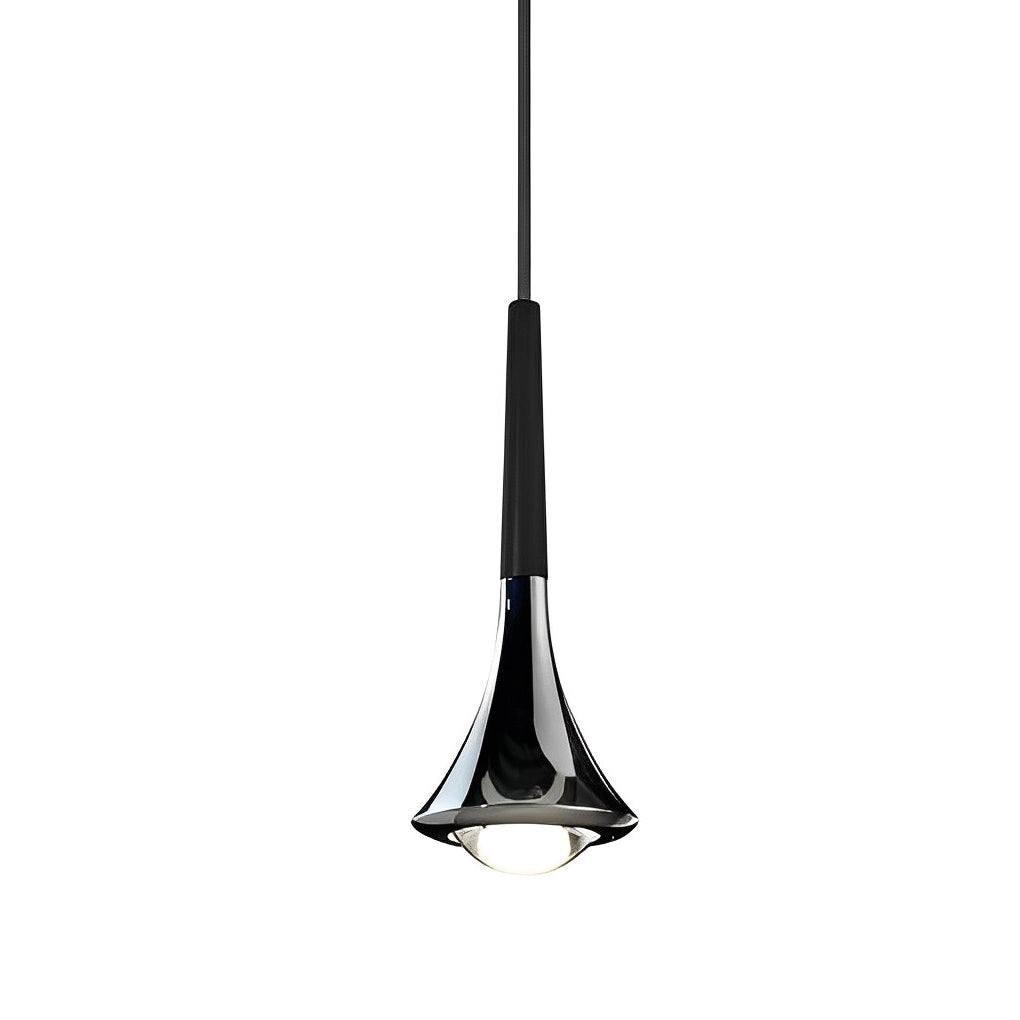 Modern chrome teardrop pendant light with a matte black top and integrated 9W LED, hanging against a white background.