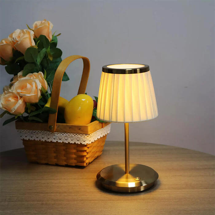 Cordless Fabric Shade Table Lamp – Minimalist – Iron & Fabric – Gold