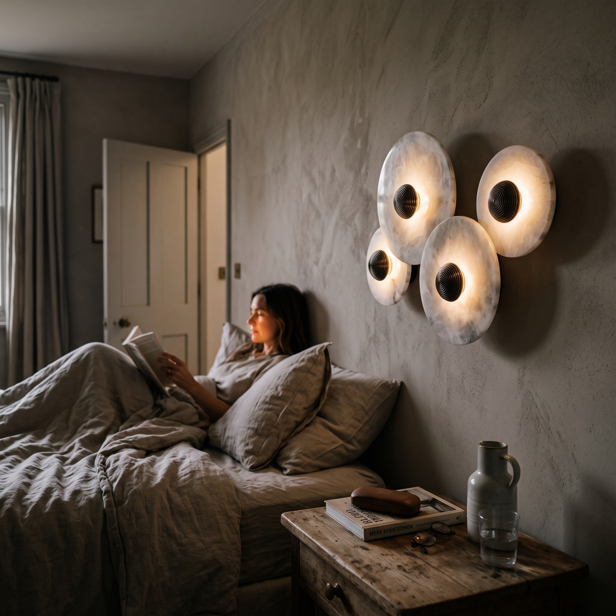 Alabaster Style Wall Light Multi Disc in bedroom above bedside table - Cryn