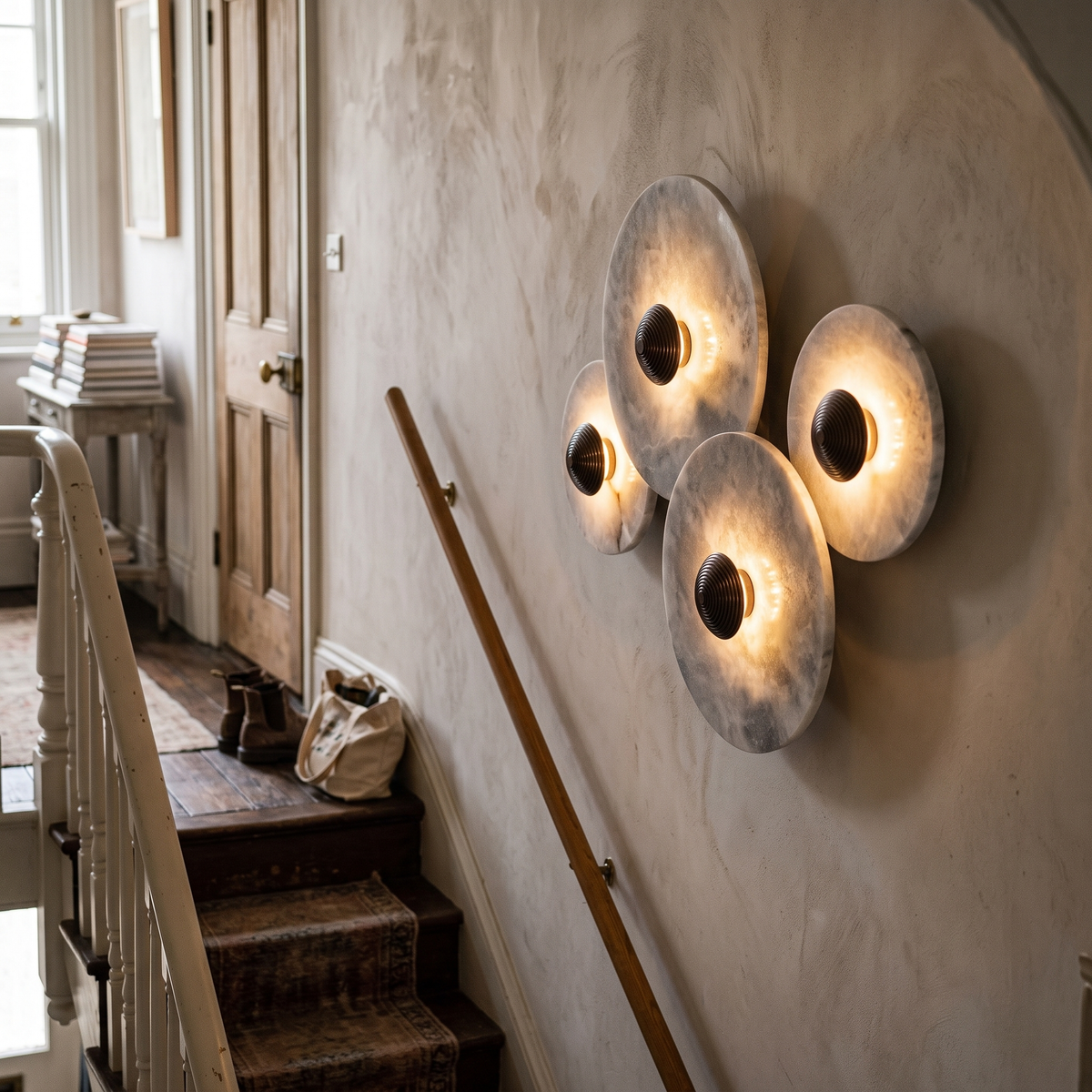 Alabaster Style Wall Light Multi Disc on staircase wall - Cryn