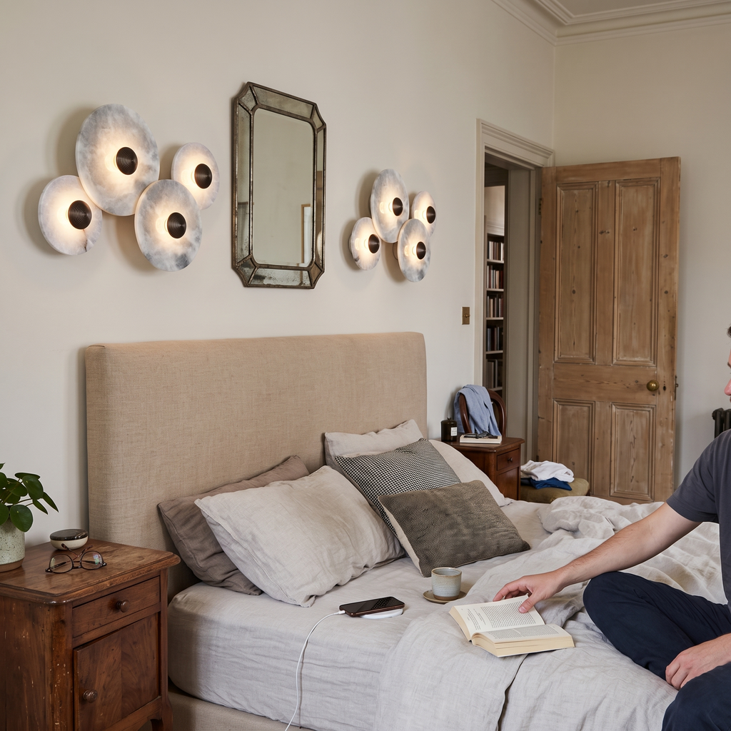 Alabaster Style Wall Light Multi Disc pair styled in interior - Cryn