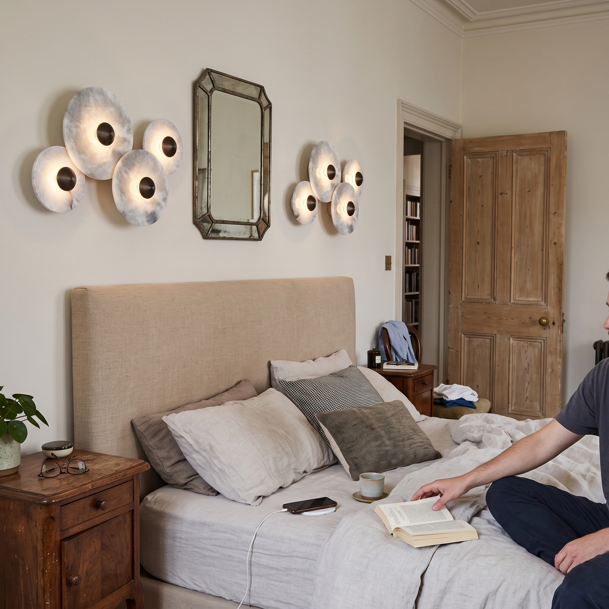 Alabaster Style Wall Light Multi Disc pair styled in interior - Cryn