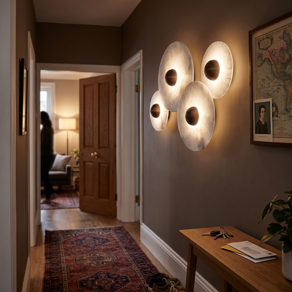 Alabaster Style Wall Light Multi Disc in hallway - Cryn