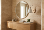 Nordic Wood Wall Light in white beside a mirror in a travertine bathroom