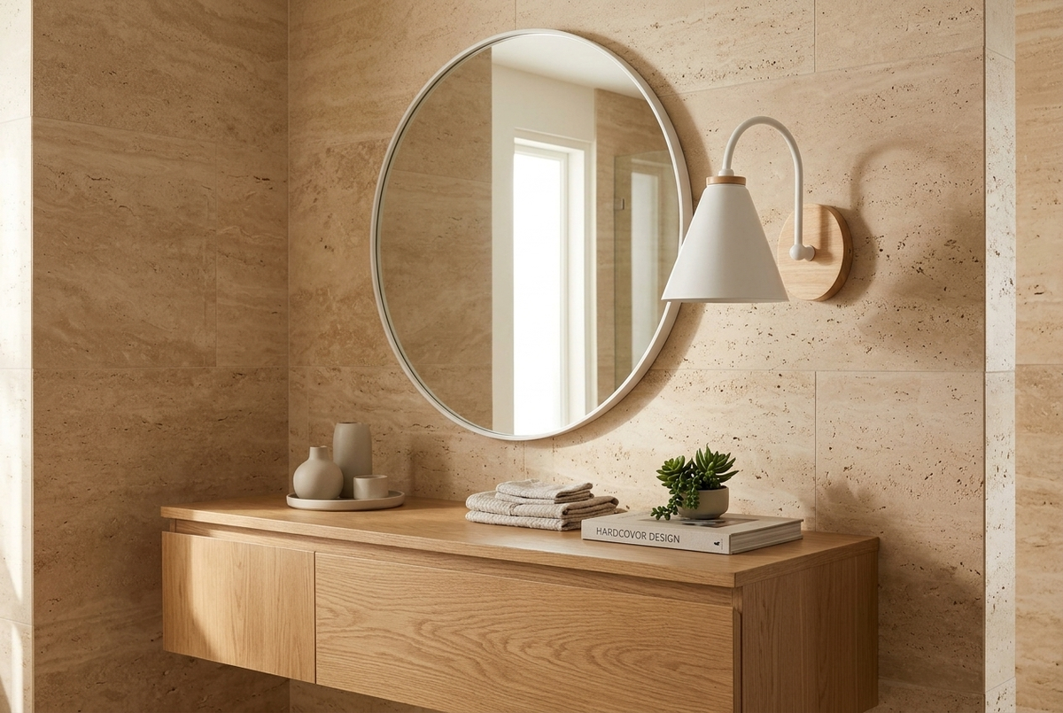 Nordic Wood Wall Light in white beside a mirror in a travertine bathroom