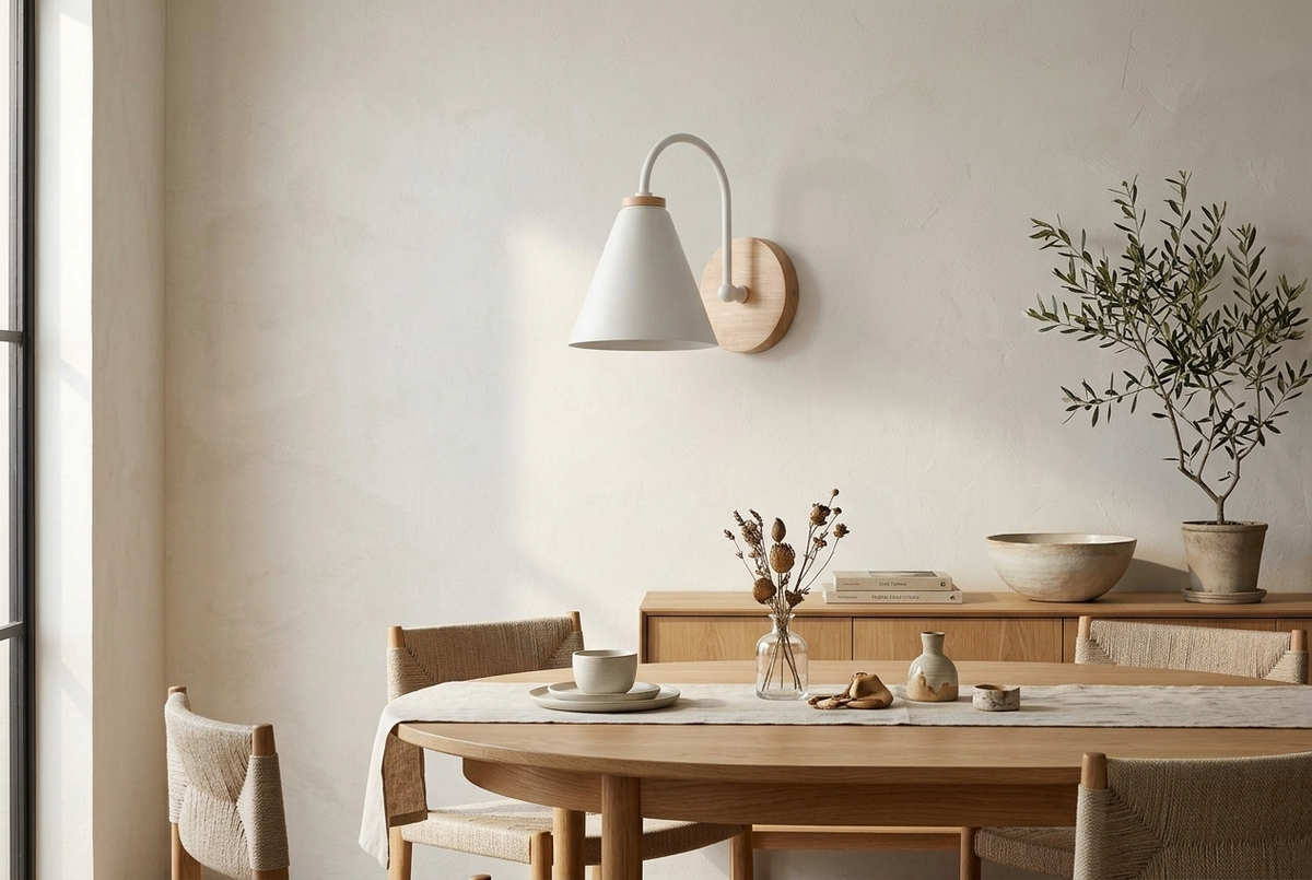 Nordic Wood Wall Light in white above a sideboard in a dining room