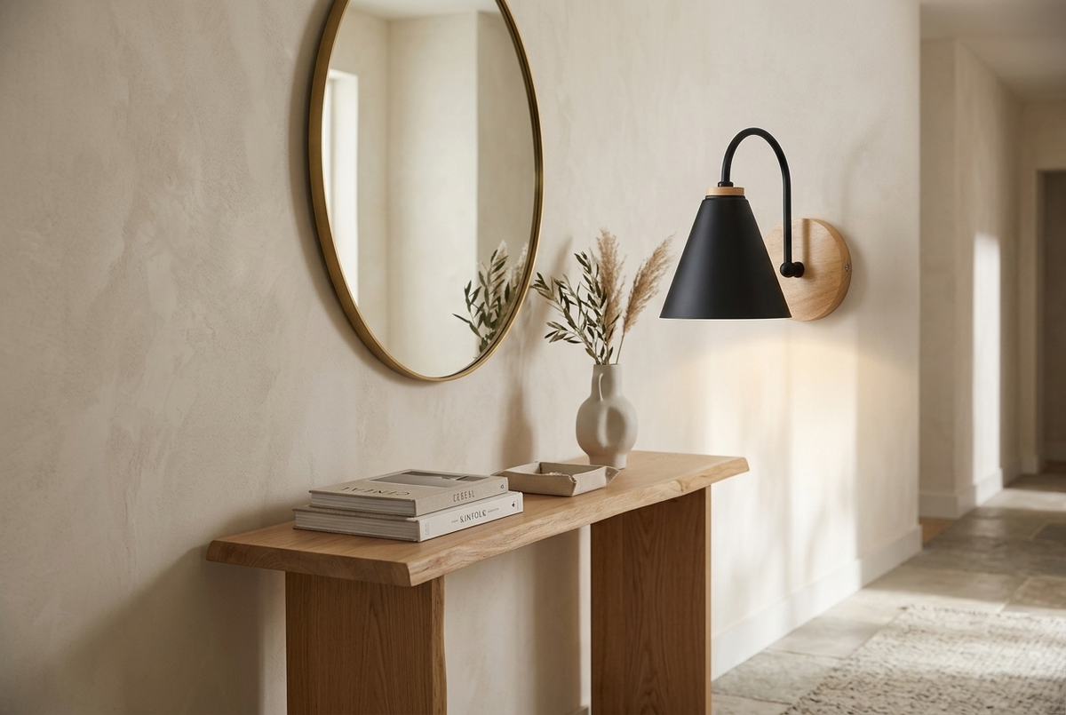 Nordic Wood Wall Light in black above a console table in an entrance hall