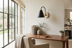 Nordic Wood Wall Light in black above a desk in a home study