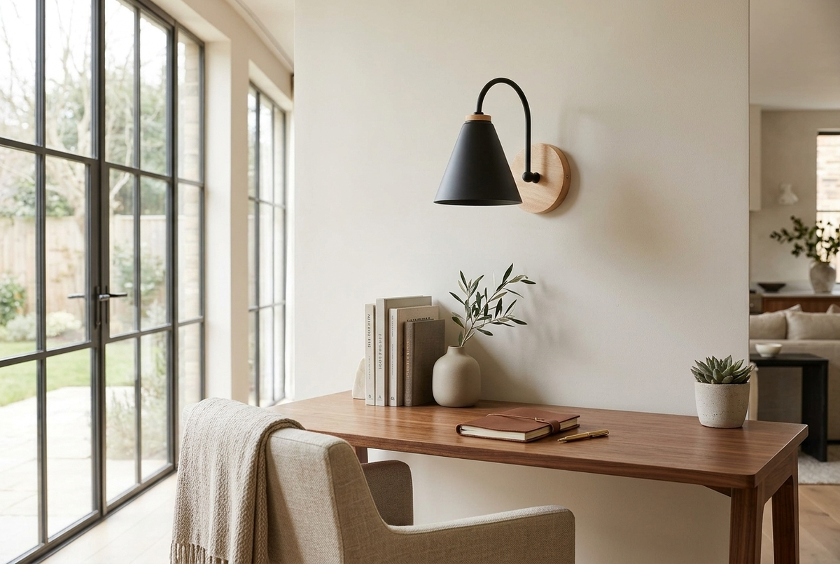 Nordic Wood Wall Light in black above a desk in a home study