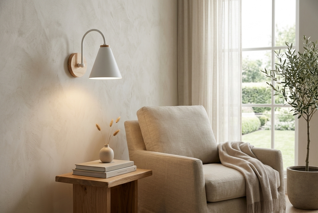 Nordic Wood Wall Light in white in a reading corner beside a lounge chair