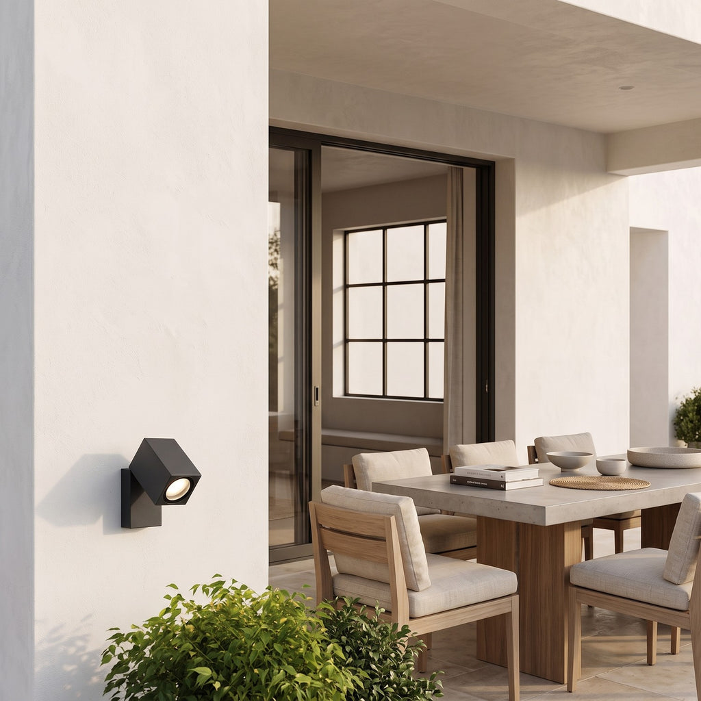 Outdoor Spotlight Wall Light – in a covered loggia with an outdoor dining table
