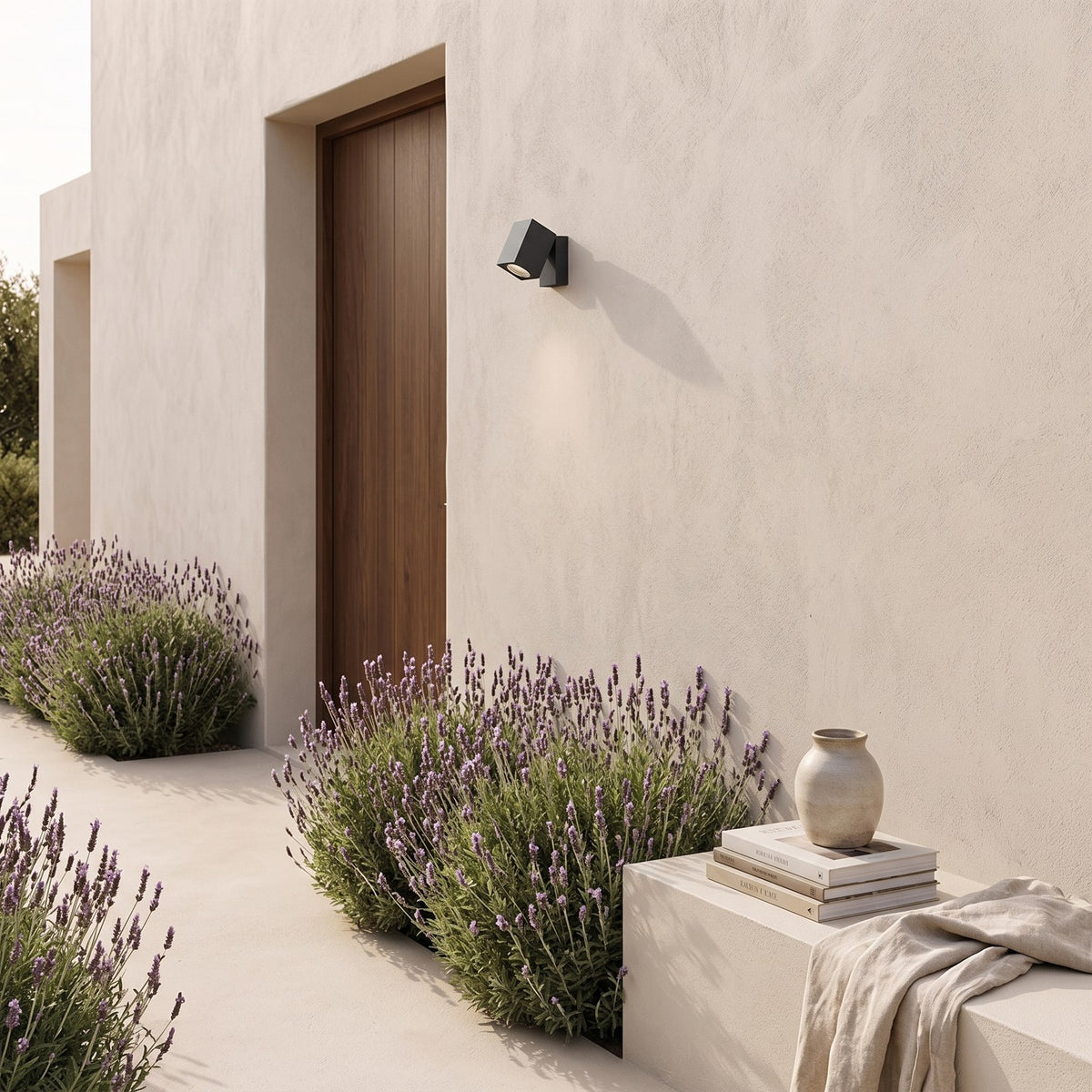 Outdoor Spotlight Wall Light – in a side path of a luxury villa lined with lavender