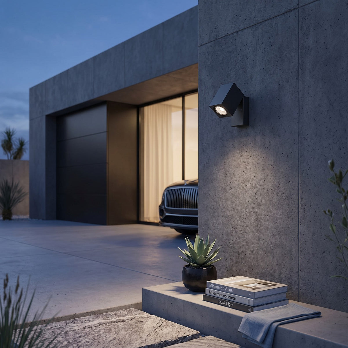 Outdoor Spotlight Wall Light – in a garage/driveway facade of a modern villa at dusk