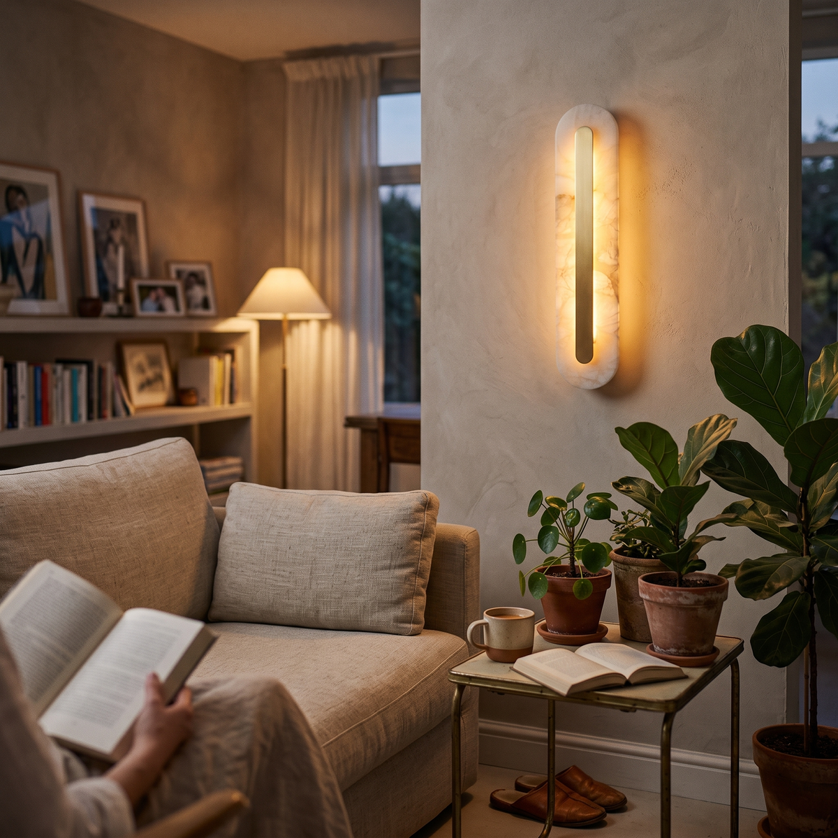 Oval Alabaster Style Wall Light with Brass in living room - Kristy