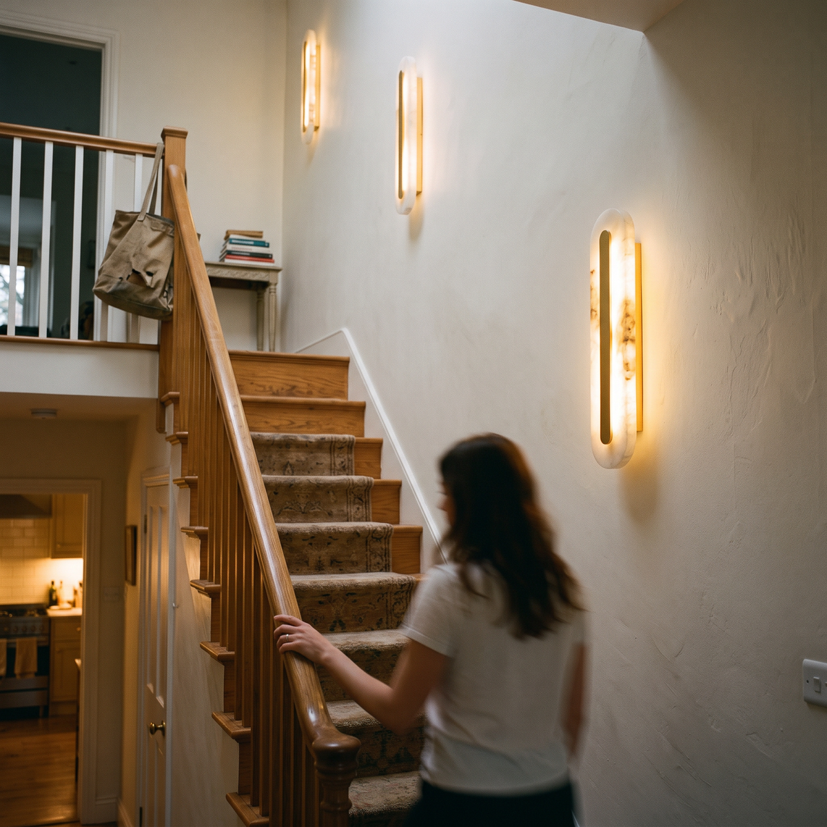 Oval Alabaster Style Wall Light with Brass on staircase wall - Kristy