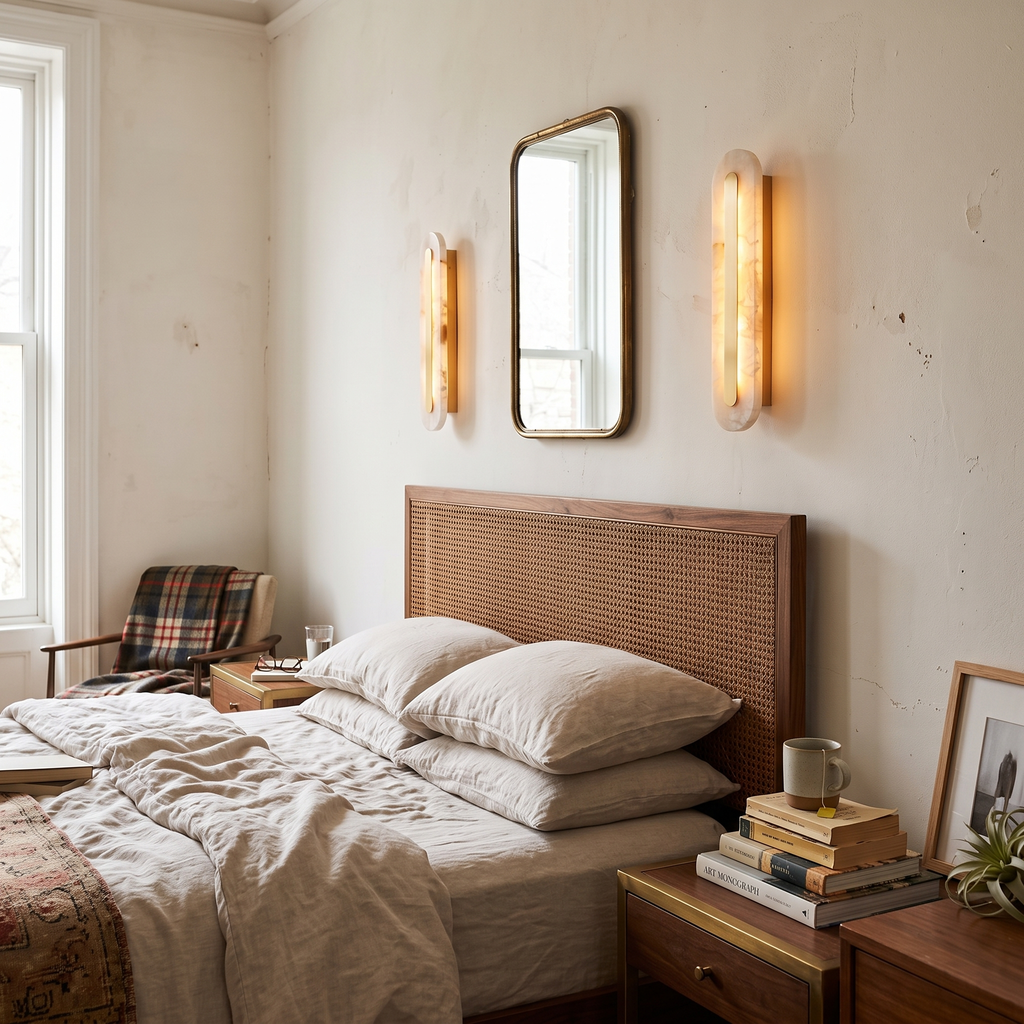 Oval Alabaster Style Wall Light with Brass pair styled in interior - Kristy
