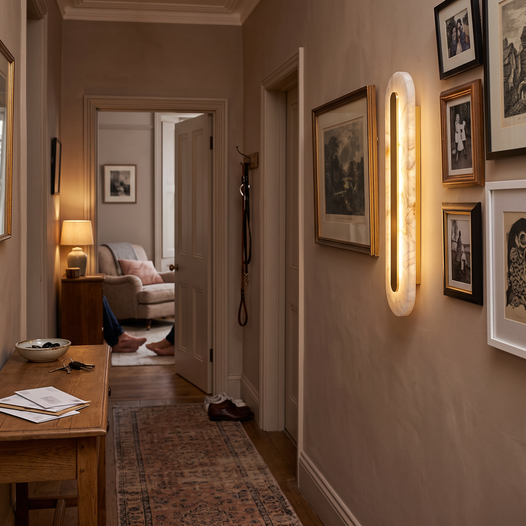 Oval Alabaster Style Wall Light with Brass in hallway - Kristy