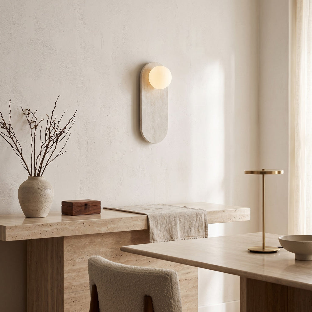Oval Marble Wall Light – Beige in an elegant dining room above a marble sideboard