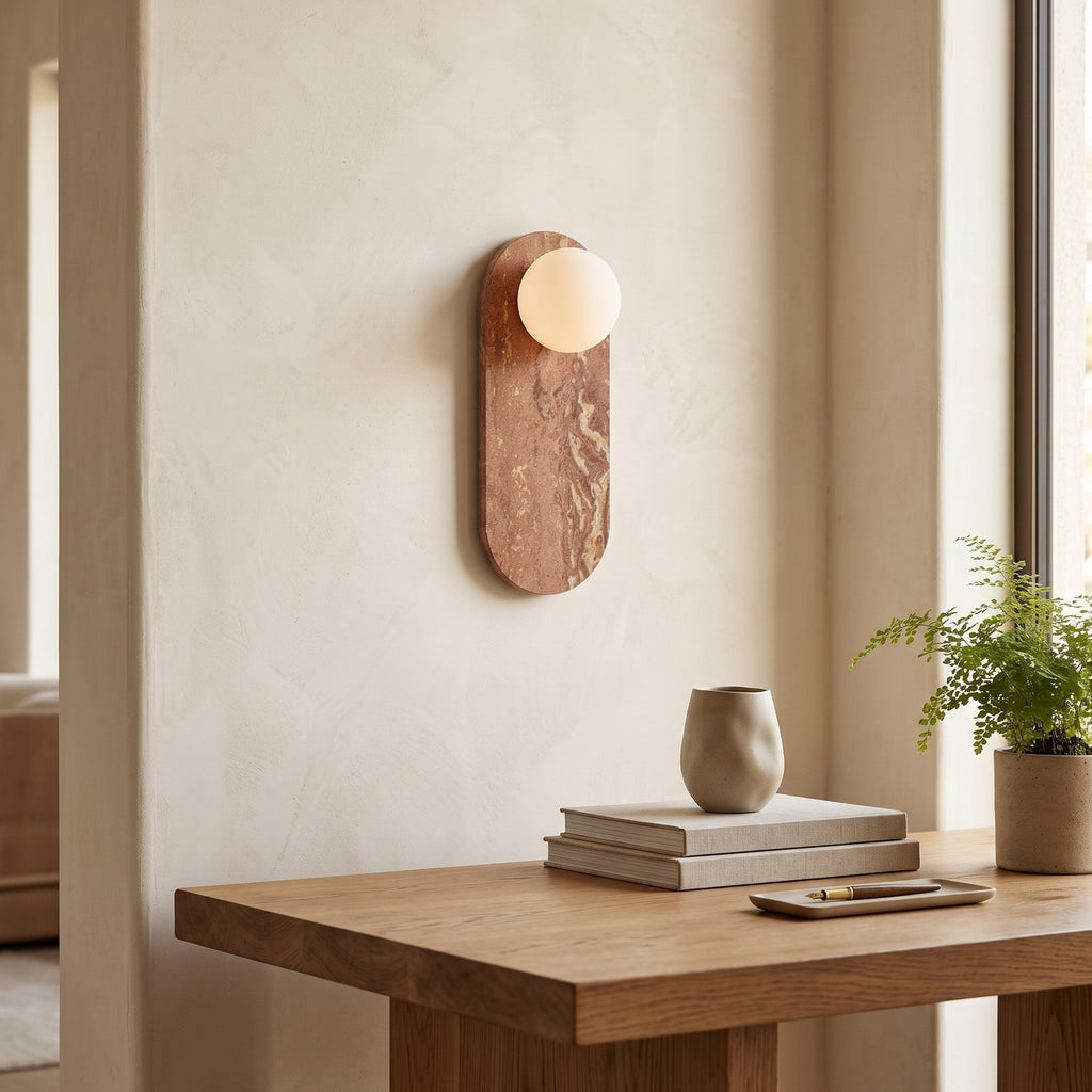 Oval Marble Wall Light – Red Brown in a calm home office above a solid oak desk
