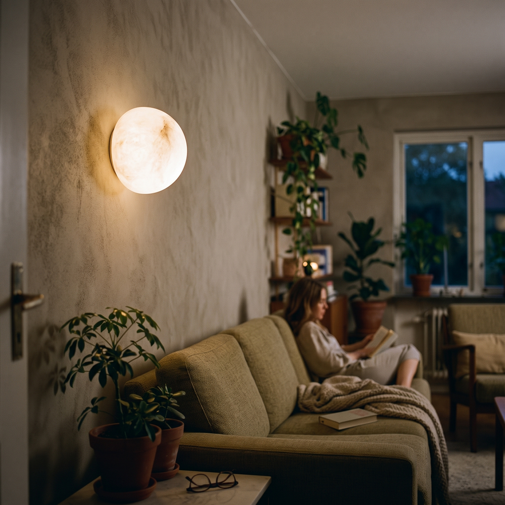 Round Alabaster Wall Light in living room - Kristy