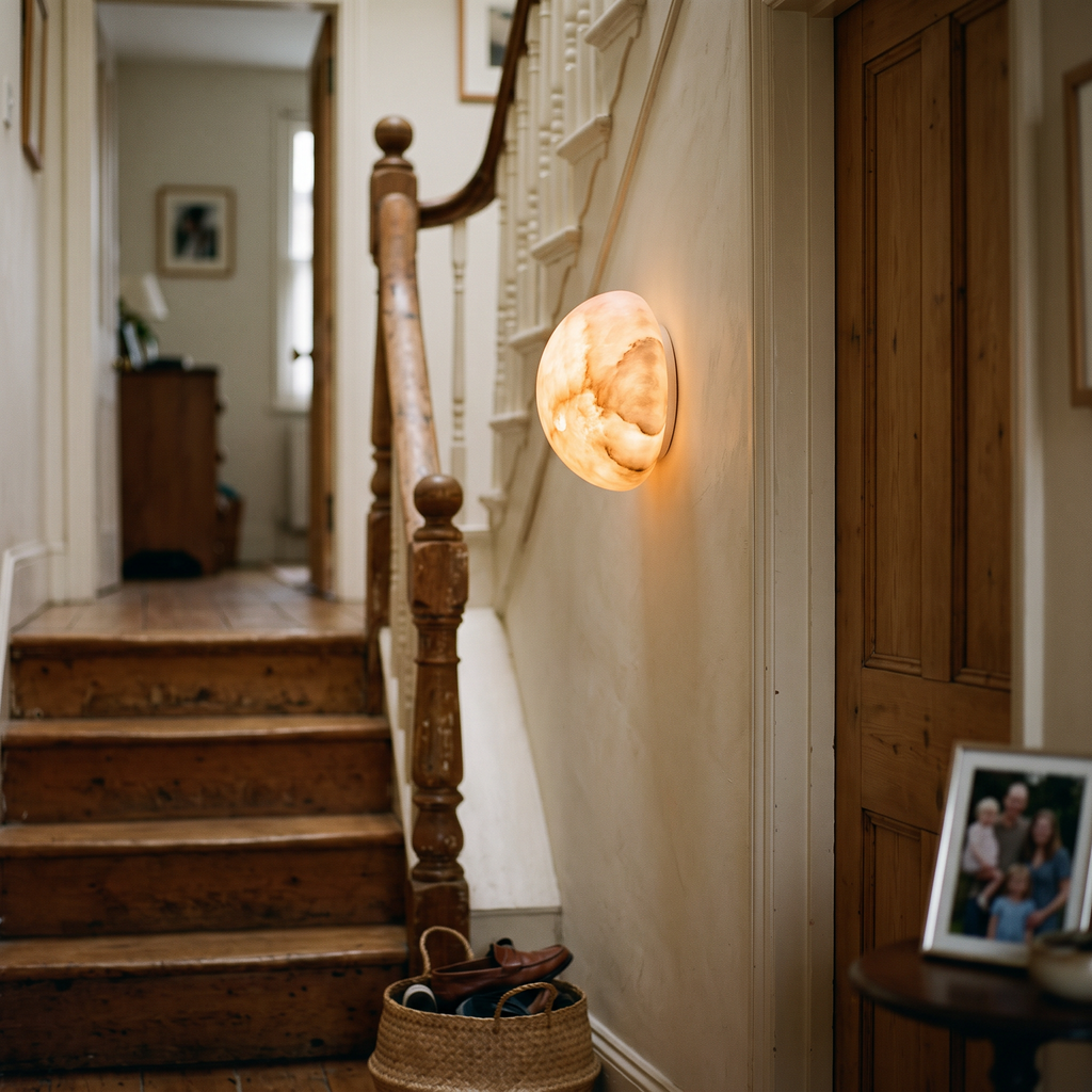 Round Alabaster Wall Light on staircase wall - Kristy