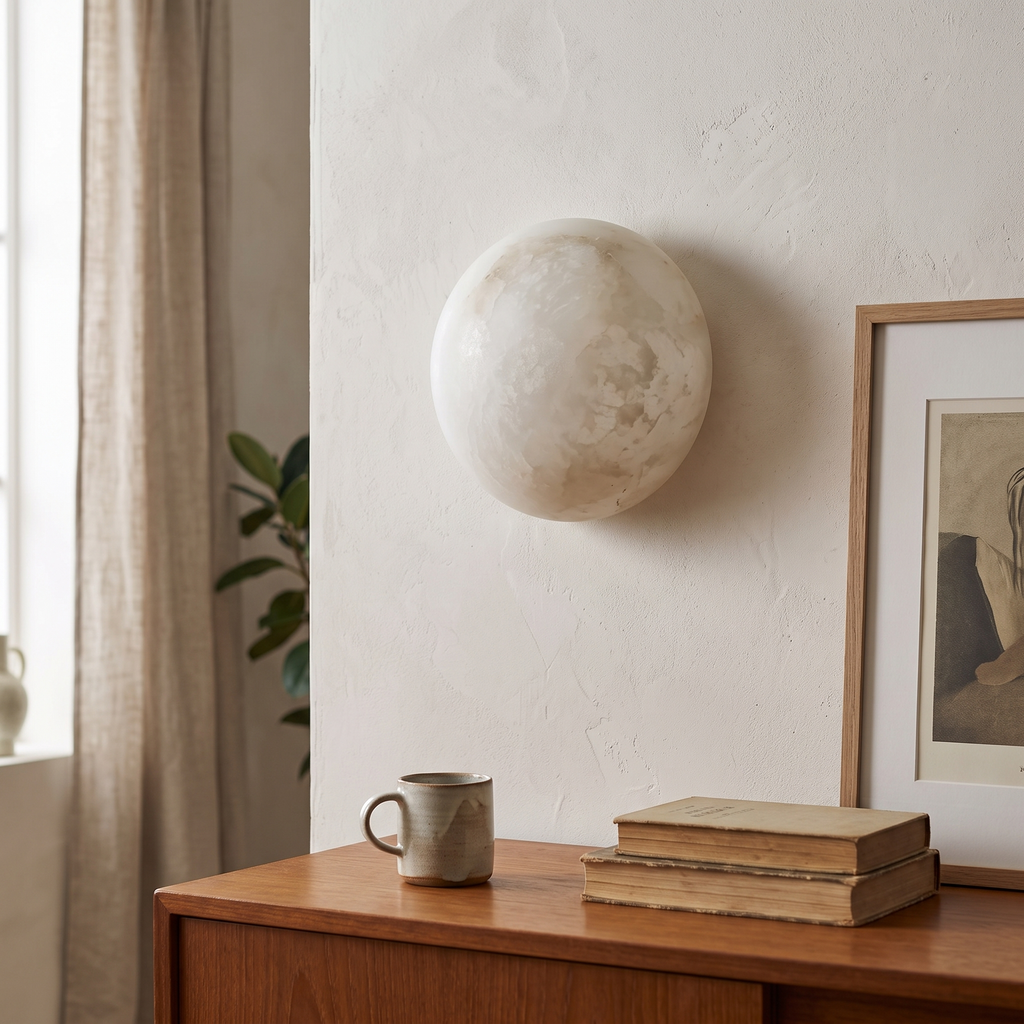 Round Alabaster Wall Light detail in daylight - Kristy