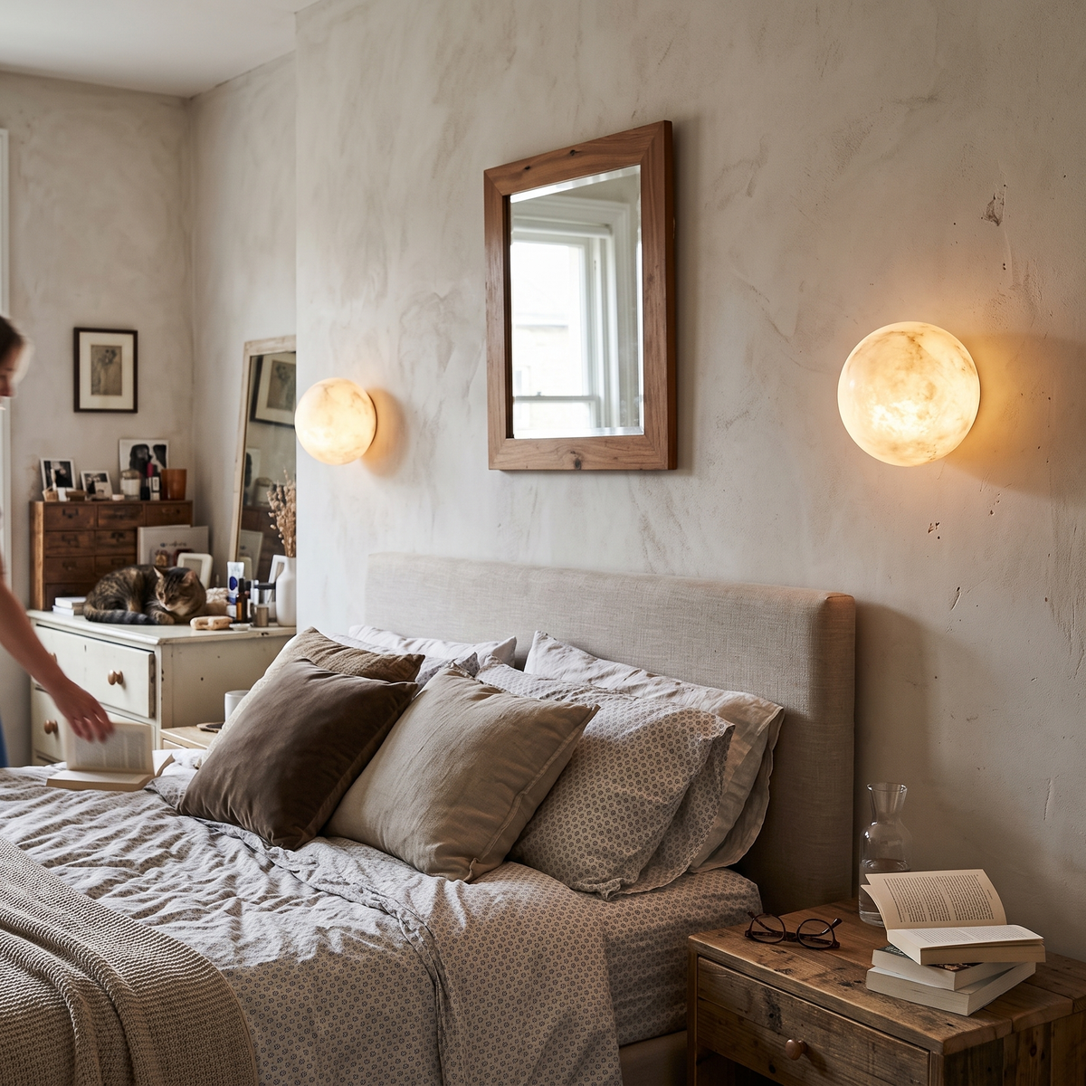 Round Alabaster Wall Light pair styled in interior - Kristy