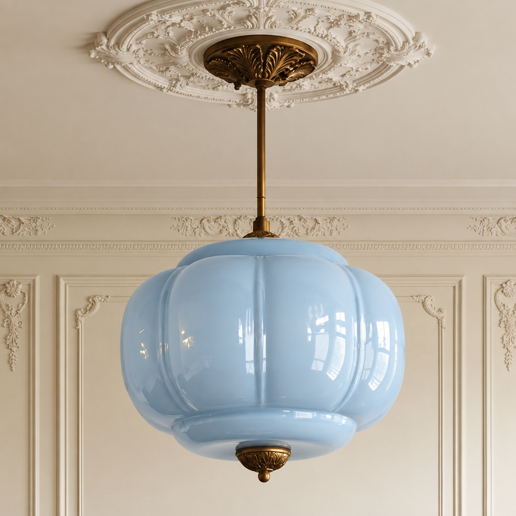Vintage light blue sculpted glass semi-flush ceiling light with antique brass hardware in a period room.