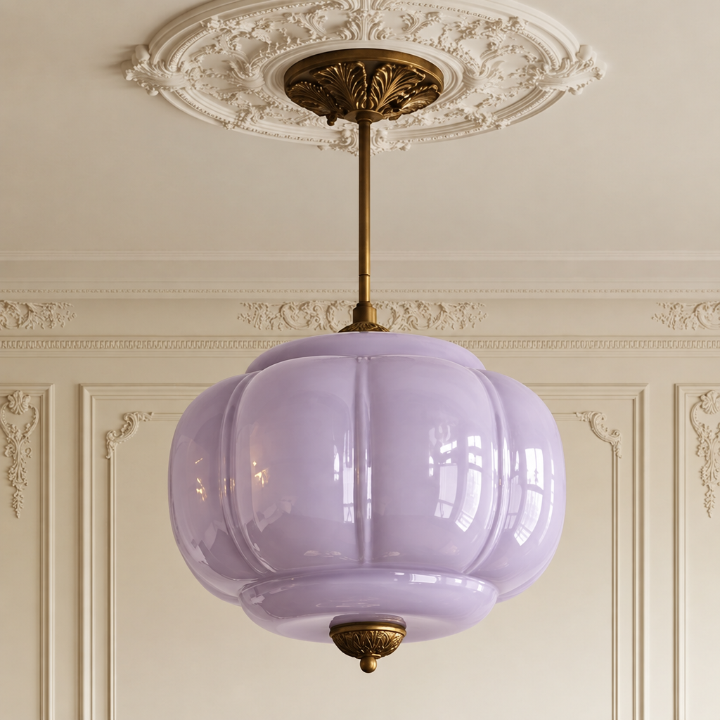 Vintage lavender sculpted glass semi-flush ceiling light with antique brass hardware mounted on a decorative ceiling rose.