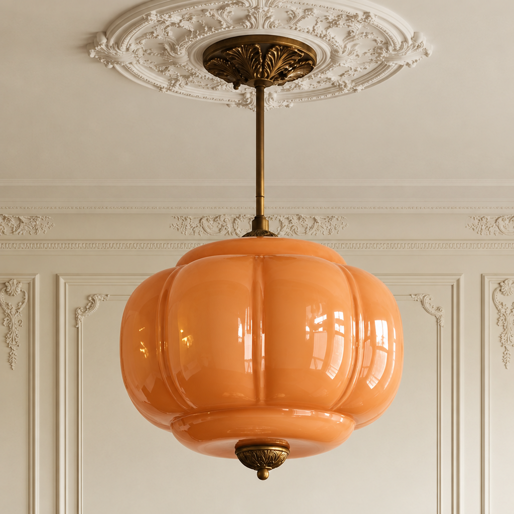 Vintage orange sculpted glass semi-flush ceiling light with antique brass hardware in a classic interior.