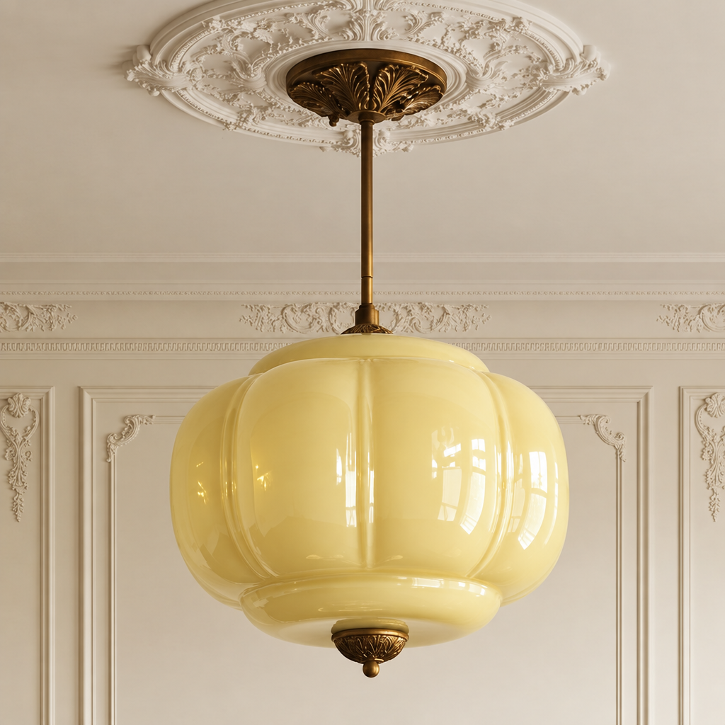 Vintage semi-flush ceiling light with a pale yellow sculpted glass shade and antique brass hardware in a period room.