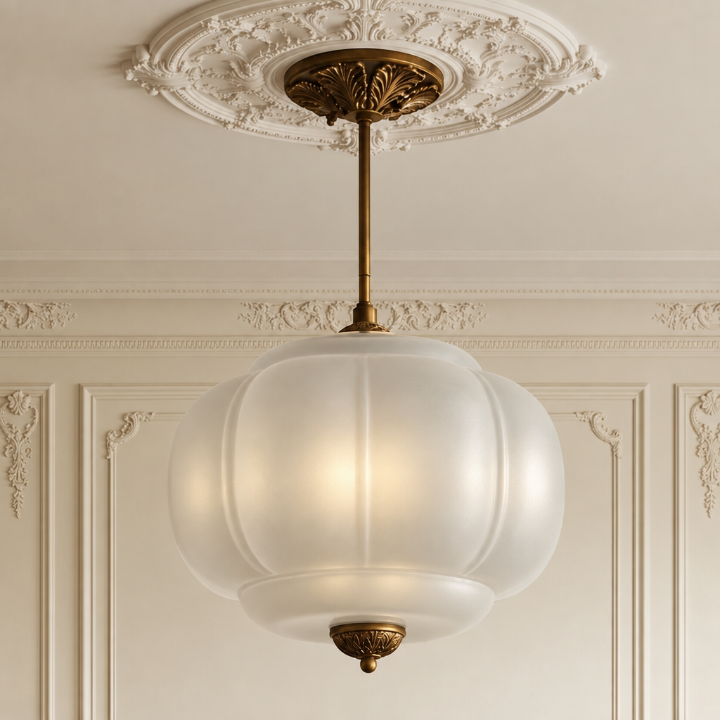 Vintage semi-flush ceiling light with a frosted, sculpted glass shade and antique brass hardware in a classic interior.