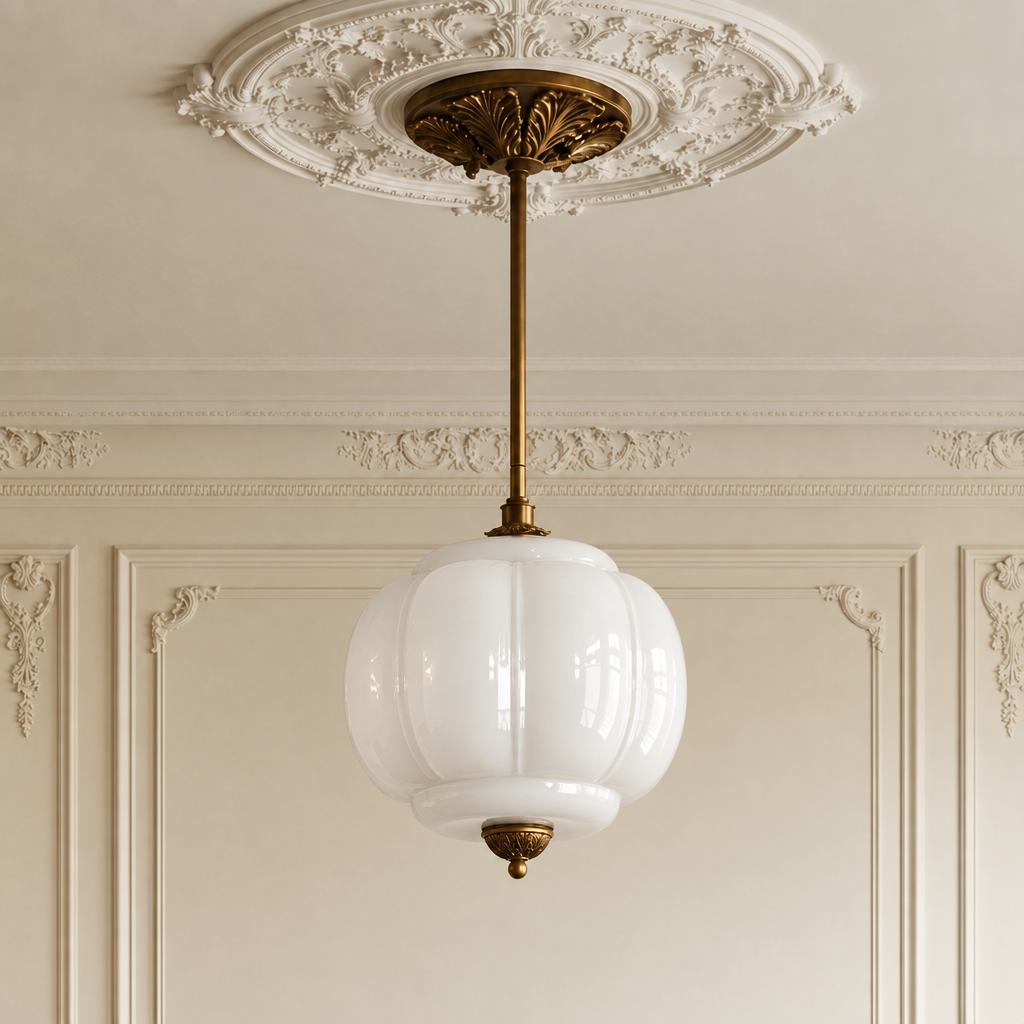 Vintage semi-flush ceiling light with a white sculpted glass globe shade and antique brass hardware in a classic interior.