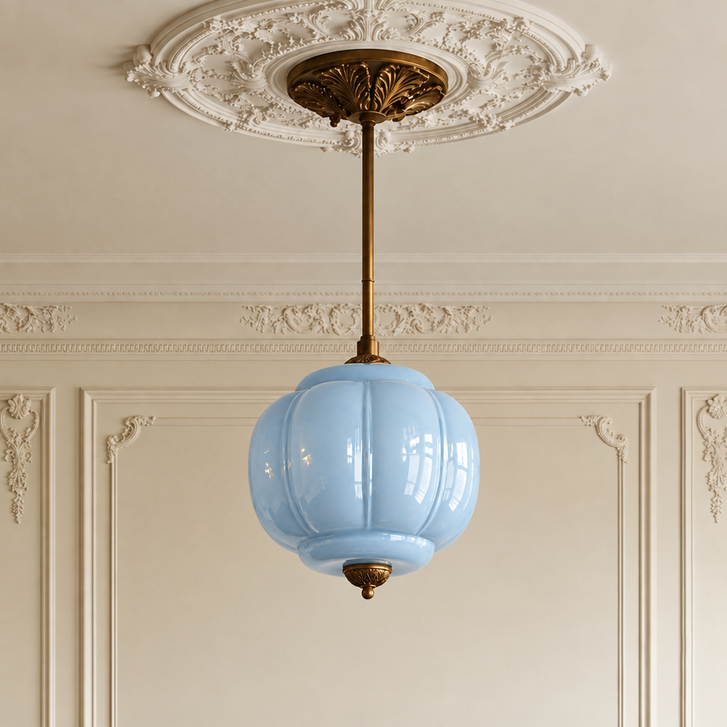 Vintage light blue sculpted glass semi-flush ceiling light with antique brass hardware in a classic room.