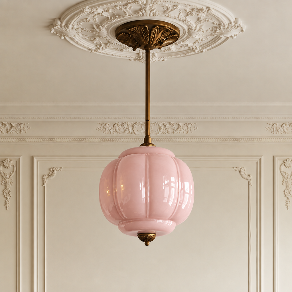 Vintage pink sculpted glass semi-flush ceiling light with antique brass hardware in a classic interior setting.