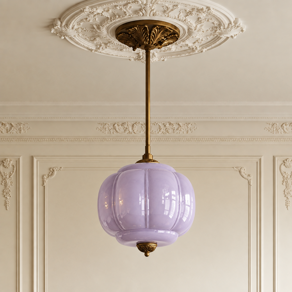 Vintage lavender sculpted glass semi-flush ceiling light with antique brass hardware in a classic period room.