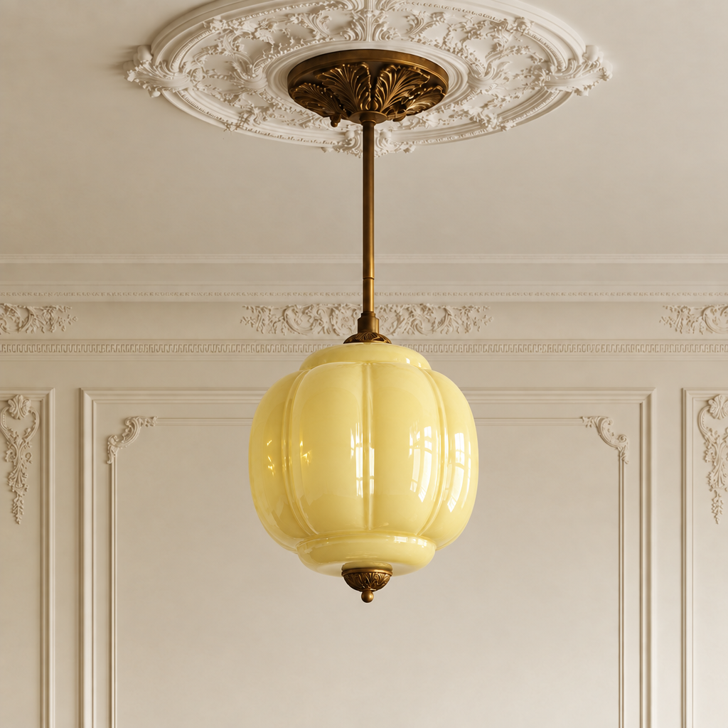 Vintage yellow sculpted glass semi-flush ceiling light with antique brass hardware in a period-style room.