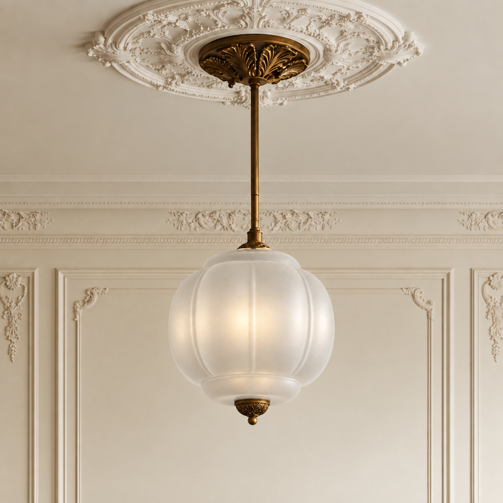 Vintage semi-flush ceiling light with a frosted, sculpted glass globe and ornate antique brass hardware.