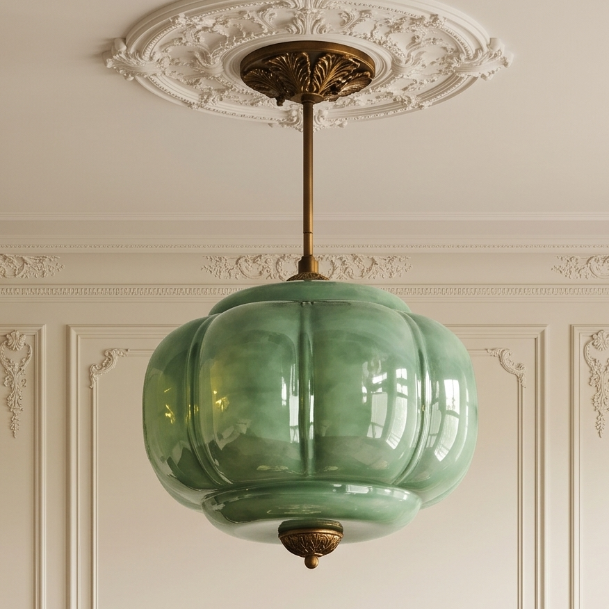 Vintage green sculpted glass semi-flush ceiling light with antique brass hardware in a classic interior.