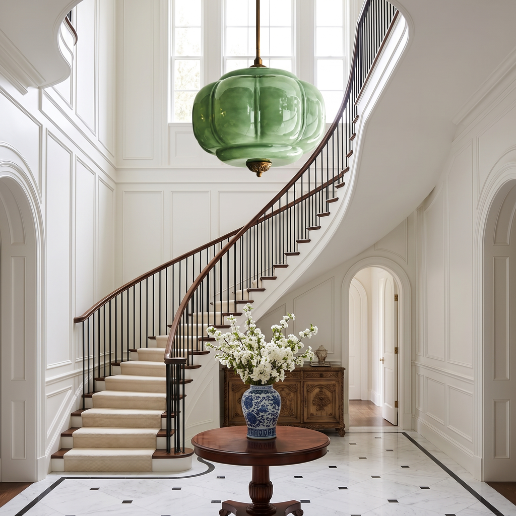 Large green sculpted glass semi-flush ceiling light hanging in a bright, elegant foyer with a curved staircase.