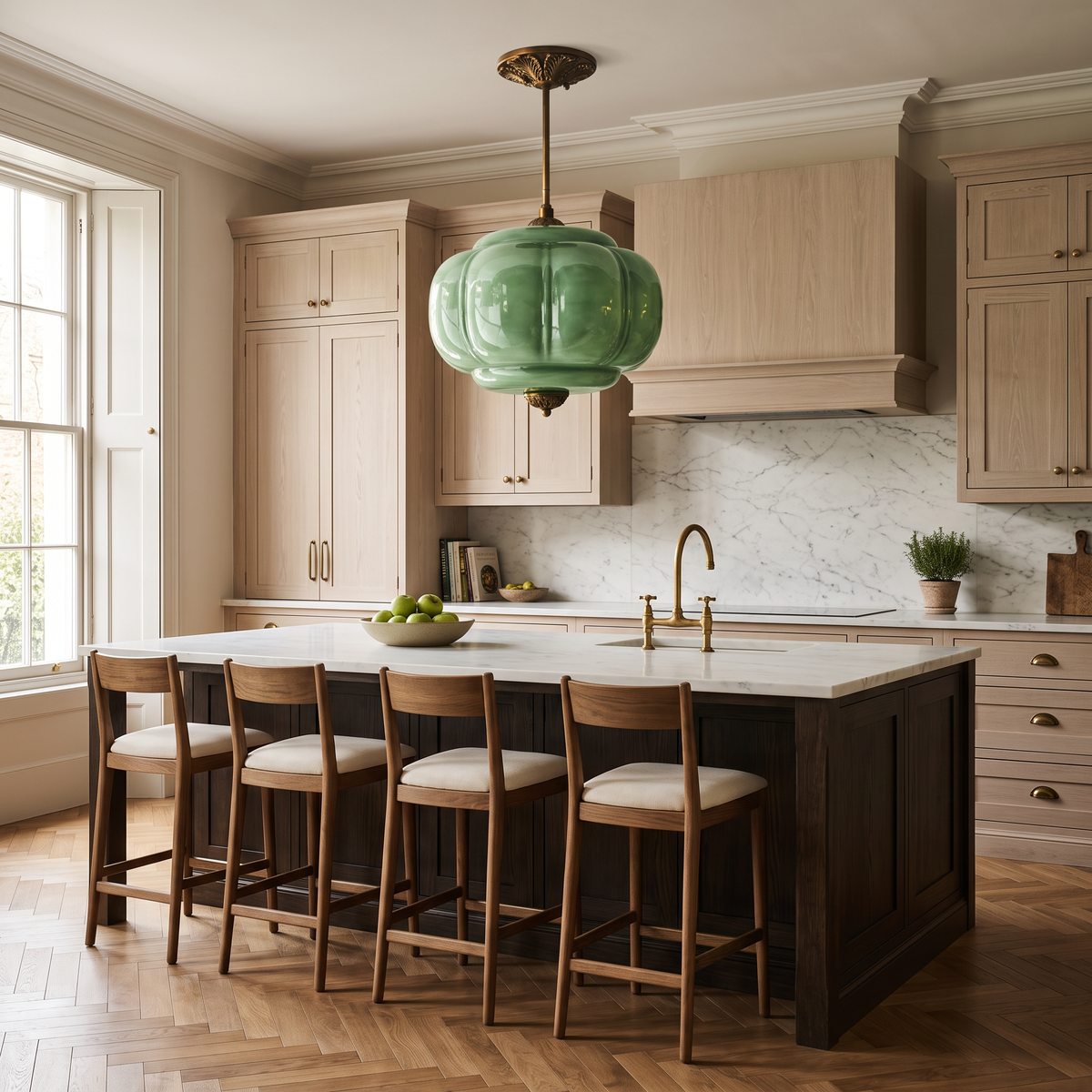 Large green sculpted glass semi-flush ceiling light hanging above a kitchen island in a modern vintage-style kitchen.