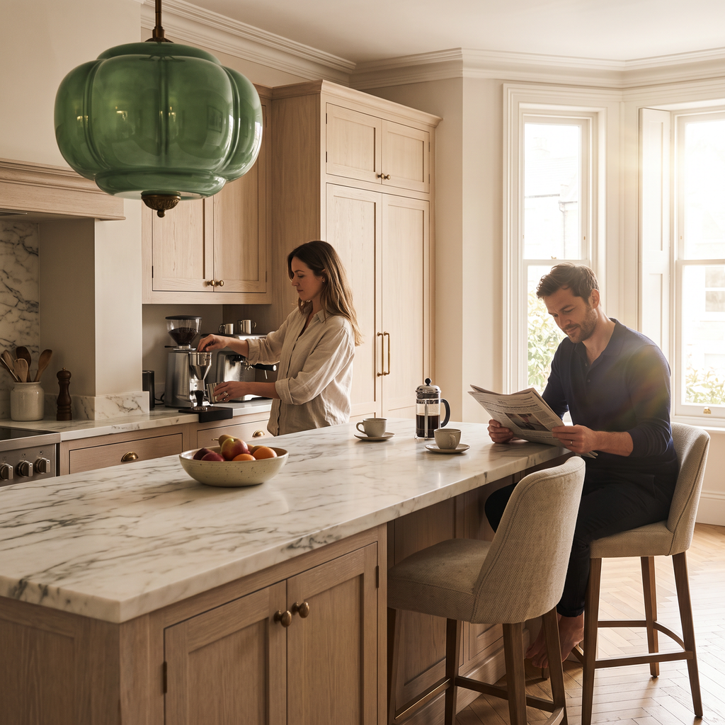 Green sculpted glass semi-flush ceiling light hanging above a marble kitchen island in a vintage-style home.