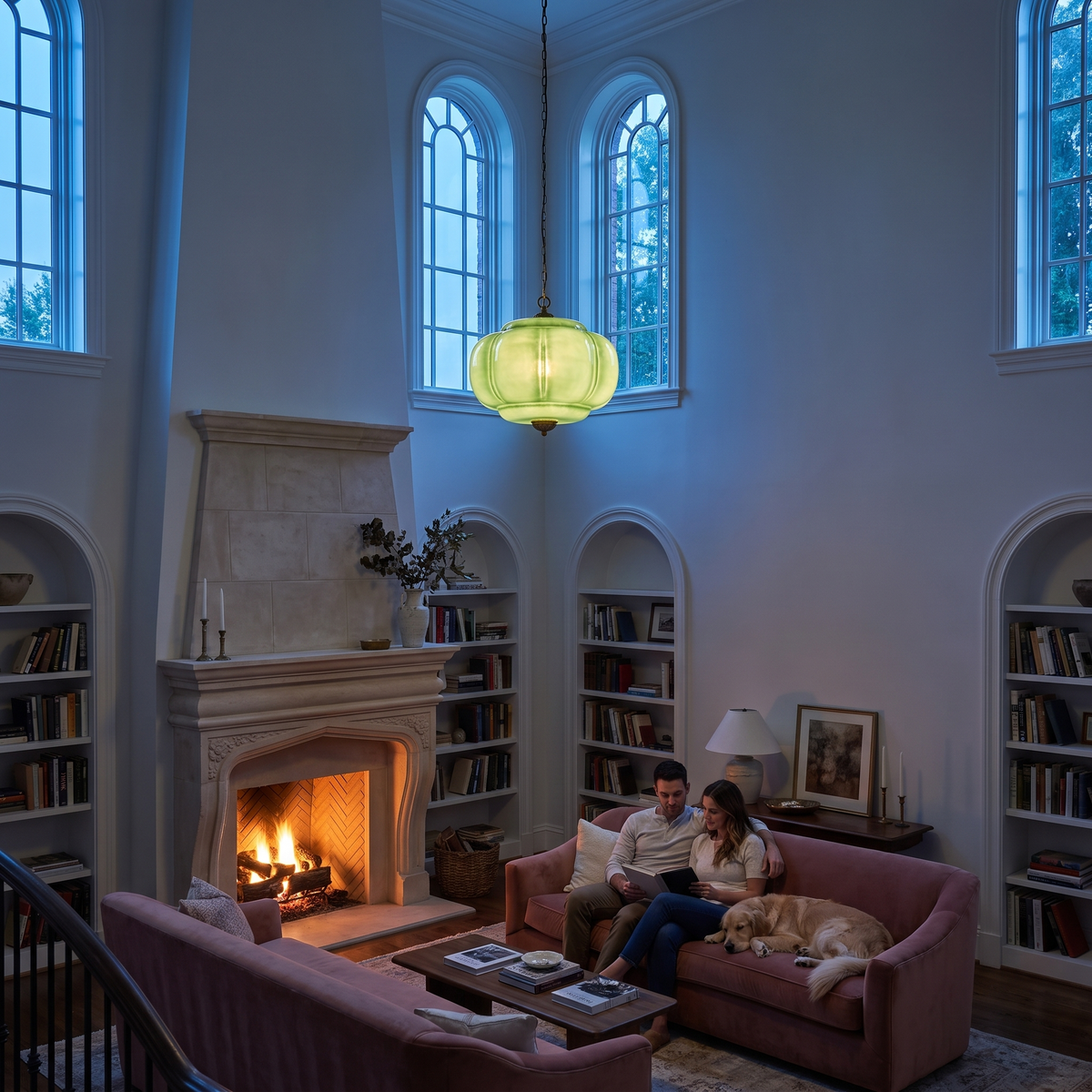 Vintage green sculpted glass pendant light hanging in a living room with a fireplace and pink sofa.
