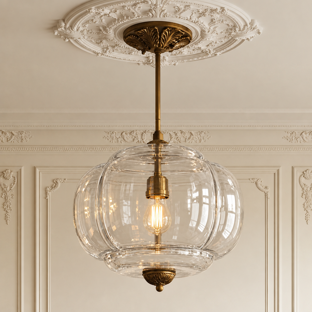 Vintage semi-flush ceiling light with a clear sculpted glass shade and antique brass hardware on a decorative ceiling rose.