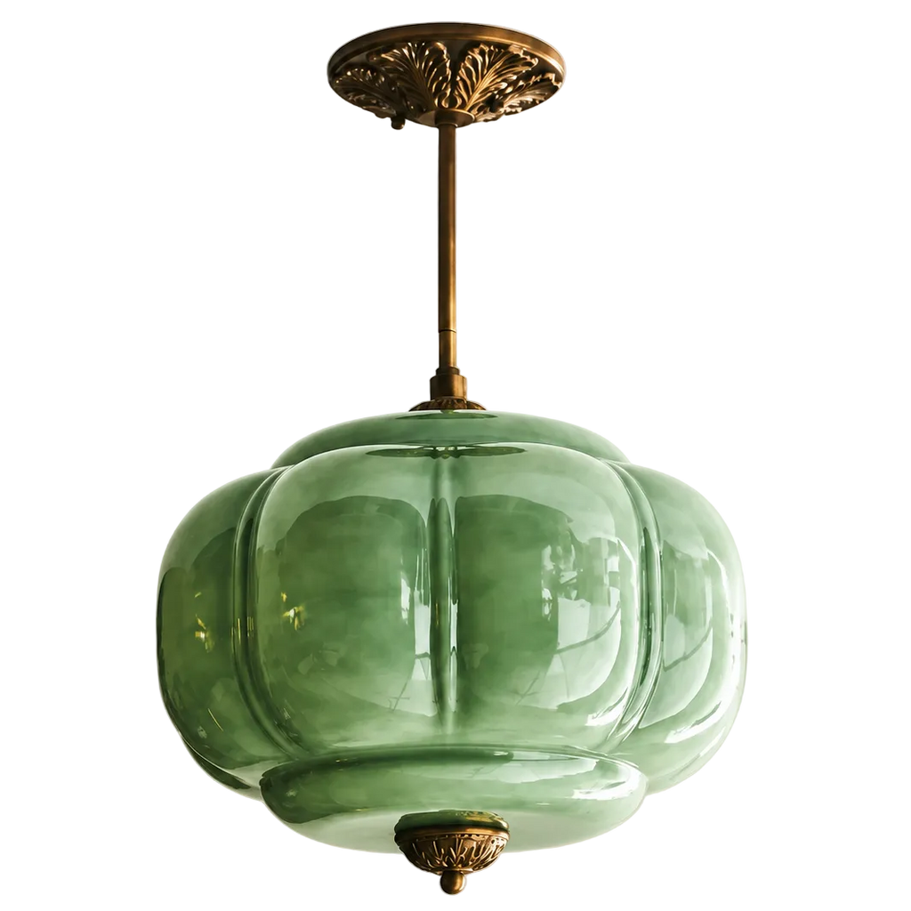 Vintage green sculpted glass semi-flush ceiling light with an ornate antique brass mount and decorative detailing.