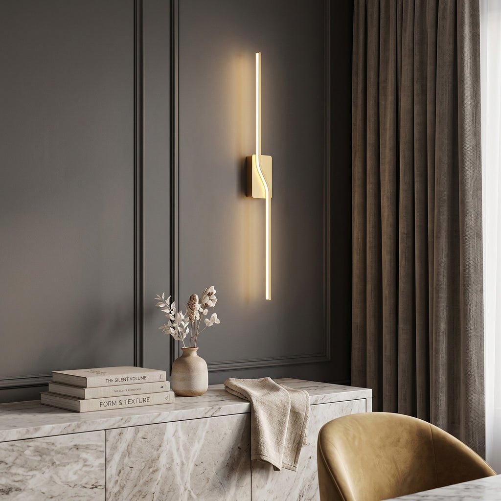 Slim Linear LED Wall Light – Gold in an elegant dining room above a marble sideboard